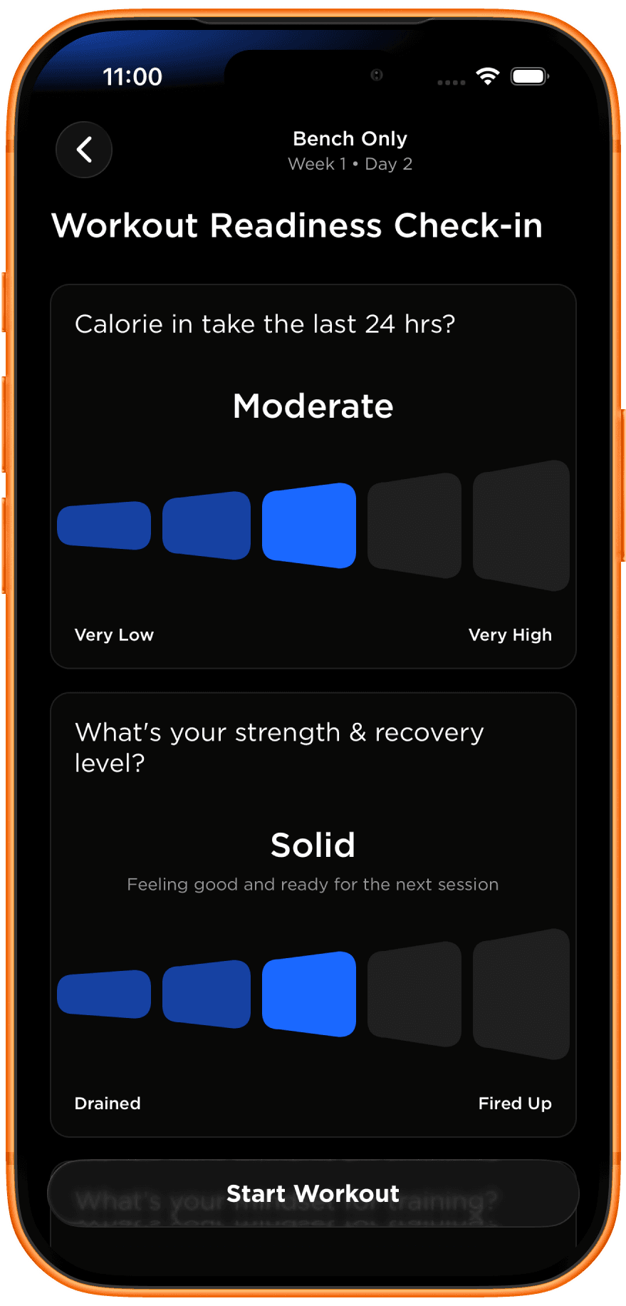 Workout Readiness Check-in screen